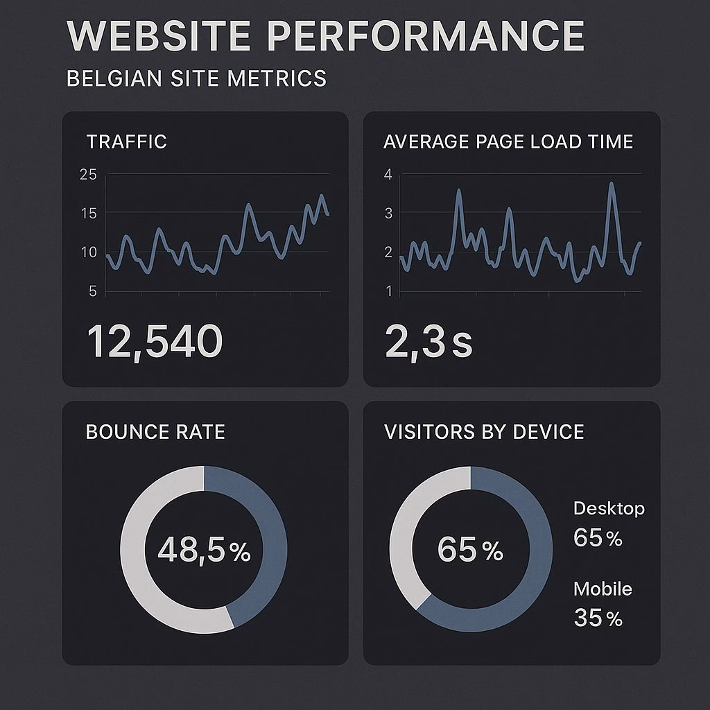Infographic with benchmark data showing load times across different Belgian sectors, with color-coded bars displaying average FCP, LCP, and TTI values)