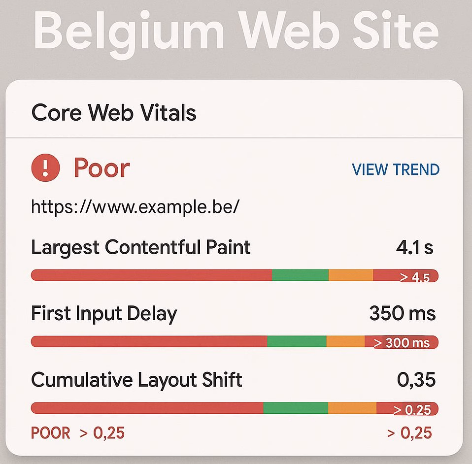 Dashboard showing poor Core Web Vitals scores with Belgian website example