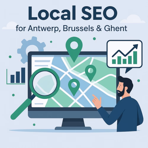 Illustrative digital image showing a vibrant flat-style design representing Local SEO services in Antwerp, Brussels, and Ghent. The illustration features map markers, website analytics, and cityscape elements in a modern color palette of blue, white, grey, and green.