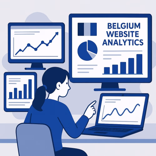 Belgian web design professional analyzing multilingual website performance metrics on dashboard displays, showing conversion rates and user journeys across different language versions
