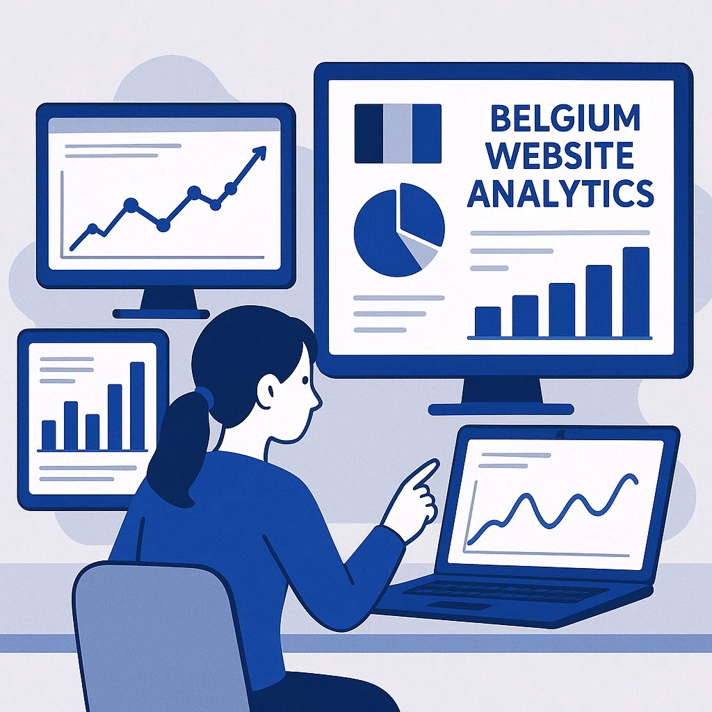 Belgian web design professional analyzing multilingual website performance metrics on dashboard displays, showing conversion rates and user journeys across different language versions