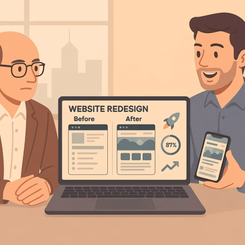 Webdesign professional die een Belgische ondernemer de transformatie van hun website toont op desktop en mobiel, met verbeterde gebruikersinterface en prestatiemetrieken.Website revamp