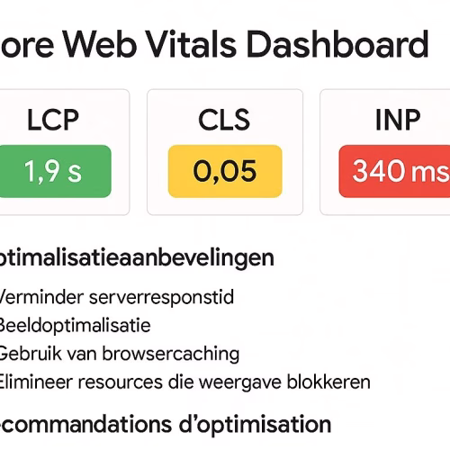 Screenshot of Google PageSpeed Insights showing Core Web Vitals metrics for a Belgian business website, displaying LCP, CLS, and INP scores with optimization recommendations in both Dutch and French, featuring Belgian company branding elements and Brussels office location