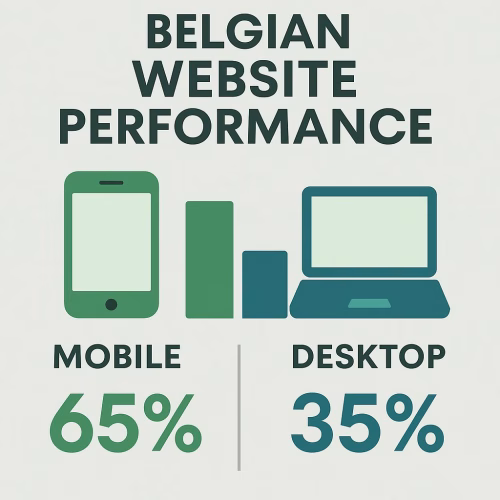 Grafiek die Belgische websiteprestatie-statistieken toont, mobiele en desktop gebruikscijfers vergelijkt, en het belang van technische SEO-optimalisatie benadrukt
