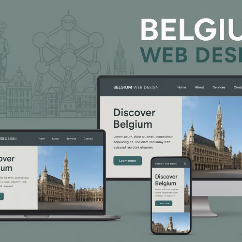 Professional website displayed on laptop, tablet and smartphone with Belgian architecture in the background