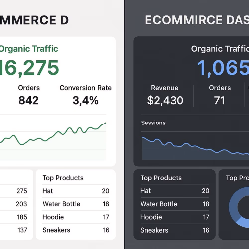 Alt text: Comparison of Google Analytics dashboards showing dramatic difference in organic e-commerce performance between two Belgian online stores