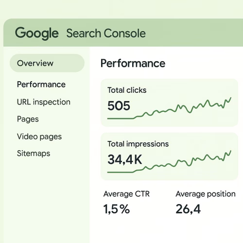 Alt tekst: Google Search Console prestatie dashboard met Belgische website verkeer en zoekquery's met technische SEO metrics weergegeven