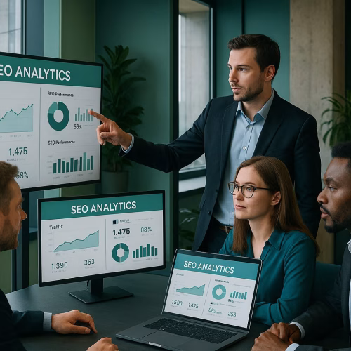 Belgisch marketing team dat SEO prestatiemetrics en groeigrafieken bekijkt in modern Brussels kantoor