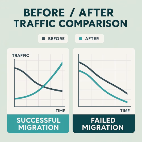 Alt tekst: Staafdiagram dat organisch verkeer herstel vergelijkt tussen goed geplande migraties (95% herstel in 30 dagen) versus overhaaste migraties (40% verkeer verlies na 90 dagen)
