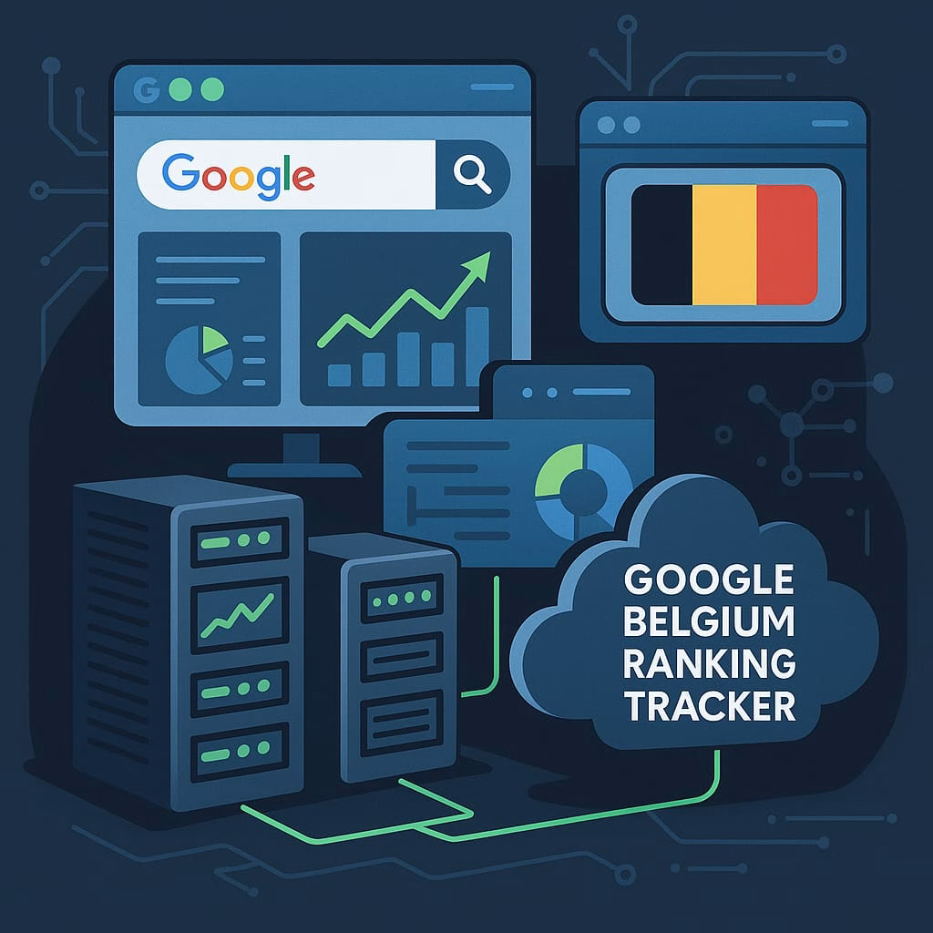 A flat-style digital illustration depicts an enterprise-level monitoring system tracking Google Belgium rankings. The image features dark gray server racks with green indicators, multiple data dashboards showing charts and graphs, a cloud labeled "Google Belgium Ranking Tracker," a Google search bar, and the Belgium flag on a screen. The background is a deep blue with circuit-like network patterns, and the overall color scheme includes blue, grey, black, and green highlights, conveying a modern and technical atmosphere.
