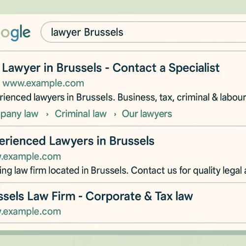 Alt text: Google zoekresultaten pagina met top-rankende advocatenkantoren in Brussel inclusief lokale kaart en organische vermeldingen