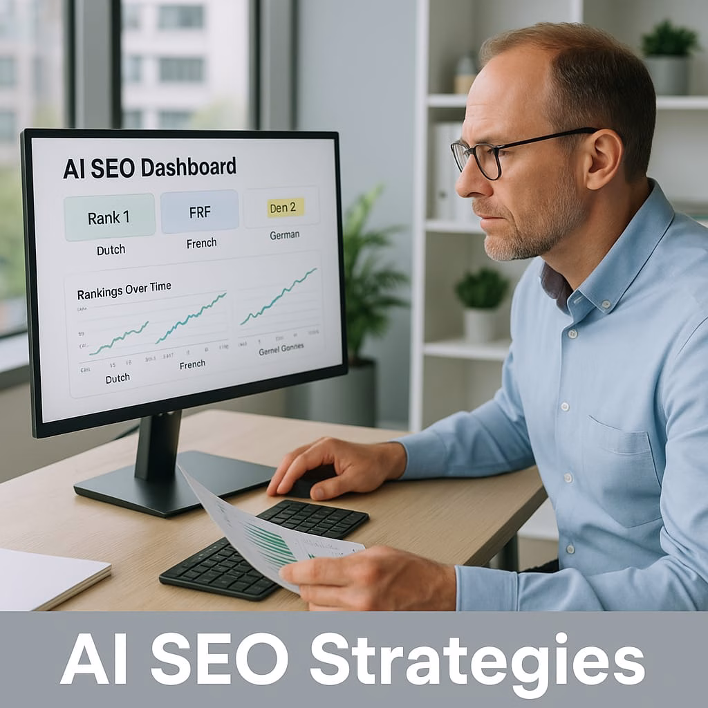 Belgian business owner analyzing multilingual AI SEO dashboard showing rankings improvements across Dutch, French and German search results in Brussels office