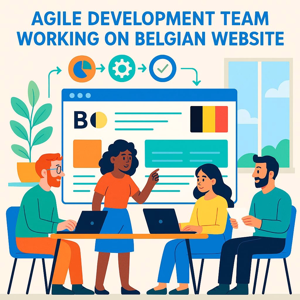 Belgian web development team collaborating in modern Brussels office using agile methodology, with multilingual website interfaces displayed on multiple screens showing Dutch, French and German versions