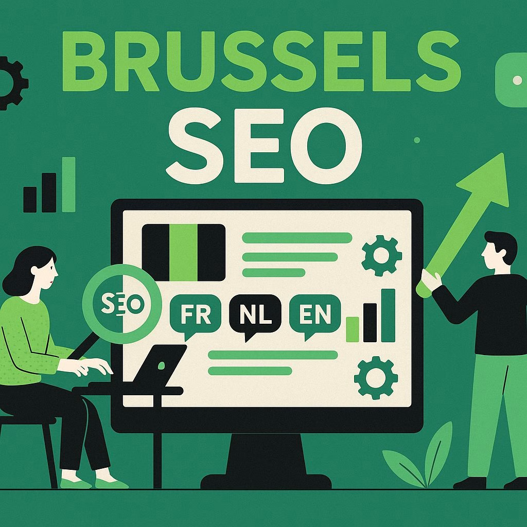 Professionele Brusselse ondernemer die meertalige SEO analytics dashboard analyseert met Engels en Nederlands content prestatiemetrieken, zoekrankingen en traffic data weergegeven op computerscherm in modern Brussels kantoor