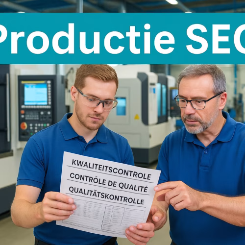Belgische productiefaciliteit met moderne CNC-machines en arbeiders die meertalige kwaliteitscontrole documenten in Nederlands, Frans en Duits bekijken, symboliserend de uitdaging van SEO optimalisatie voor productiebedrijven in België's drietalige markt