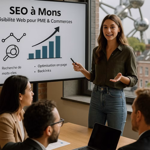 A young woman giving an SEO presentation to a small business team in a modern conference room, with the Atomium landmark visible through the window, representing SEO services in Brussels.