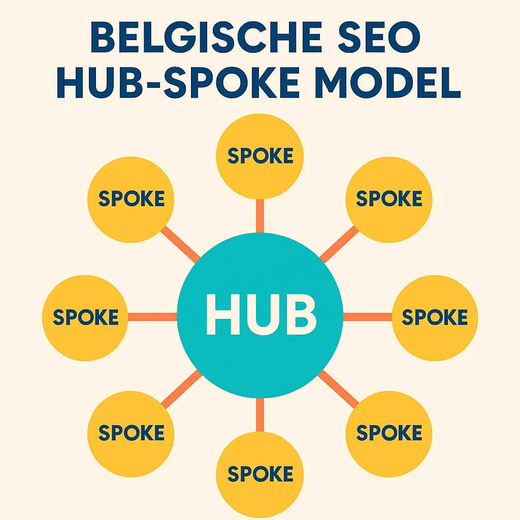 Diagram dat een onderling verbonden contentstructuur toont met centrale hub-pagina die verbindt met meertalige spoke-pagina's, met Belgische bedrijfsvoorbeelden uit de markten van Brussel, Antwerpen en Gent