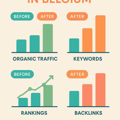 Belgische SEO services succesmetrieken met rankingverbeteringen en verkeerstoenames voor lokale bedrijven