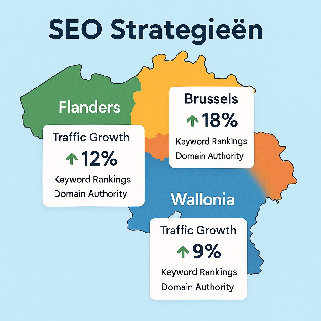 "Belgische kaart met SEO-prestatiemetrieken voor Brussel, Vlaanderen en Wallonië met verkeersgroeipercentages"