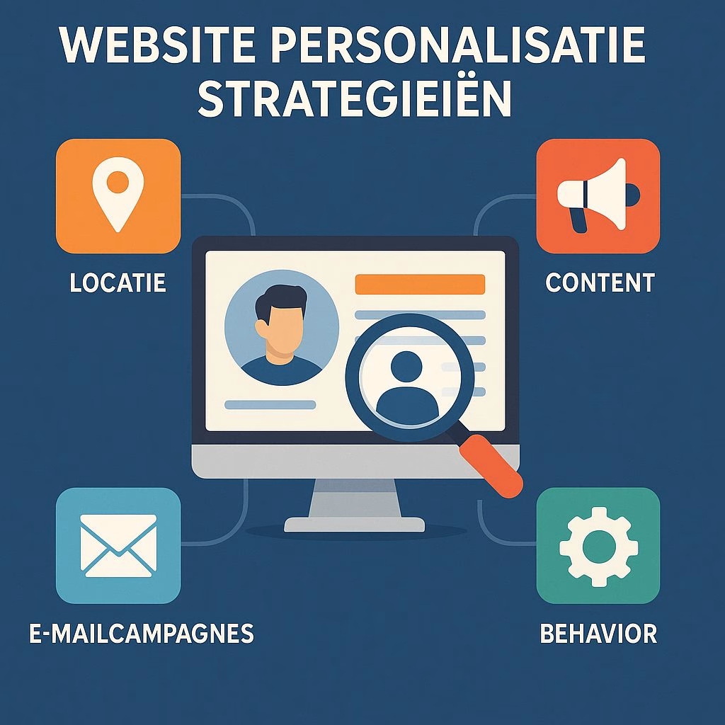 A 2D digital infographic titled "WEBSITE PERSONALISATIE STRATEGIEËN" featuring a central computer monitor displaying a user profile. Surrounding the screen are four colored icons labeled "LOCATIE," "CONTENT," "E-MAILCAMPAGNES," and "BEHAVIOR," each connected by lines, symbolizing personalization strategies in website design.