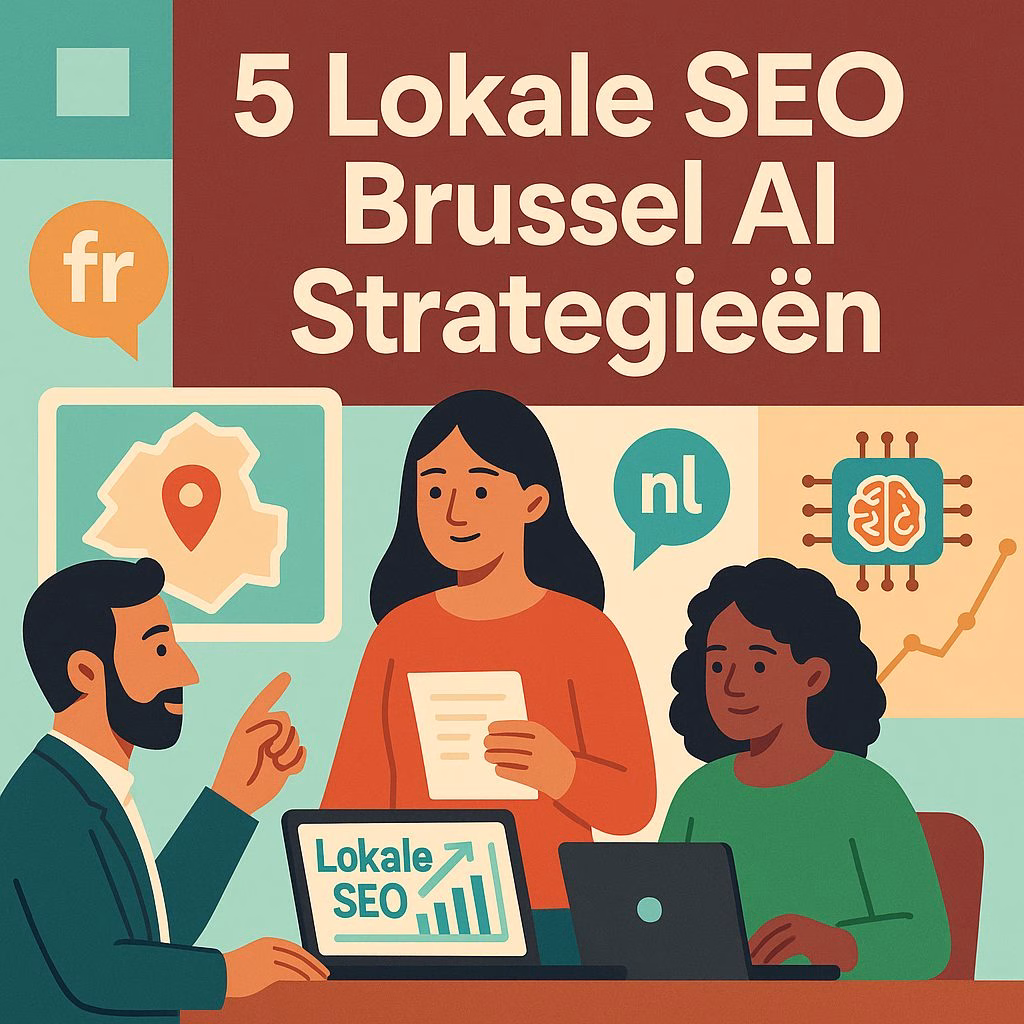 Illustration of three diverse professionals discussing local SEO strategies with laptops and charts. A digital map of Brussels, language icons (FR and NL), and AI symbols like a microchip and brain graphic are visible. The text “5 Lokale SEO Brussel AI Strategieën” is prominently displayed above the group. The color scheme includes fresh tones with chocolate accents.