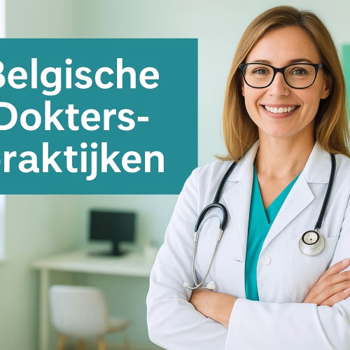 Modern Belgian medical clinic reception area with multilingual signage and digital displays showing SEO-optimized appointment booking system, representing the intersection of healthcare and digital marketing in Belgium's trilingual environment