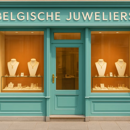 Elegant Belgian jewelry boutique interior showing multilingual signage and premium diamond displays in Brussels shopping district
