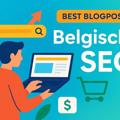 Belgische webshop eigenaar analyseert SEO data op laptop met grafieken die concurrentie tonen tussen lokale webshops en grote spelers zoals bol.com en Coolblue, Brussels skyline op achtergrond