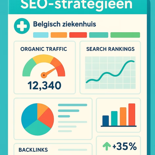 Modern ziekenhuiswebsite dashboard met SEO-metrics en meertalige content opties voor Nederlandse, Franse en Duitse patiëntenzorg in België