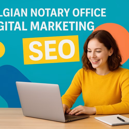 Modern Belgian notary office in Brussels with computers and digital tools, showing the intersection of traditional legal services and modern digital marketing approaches