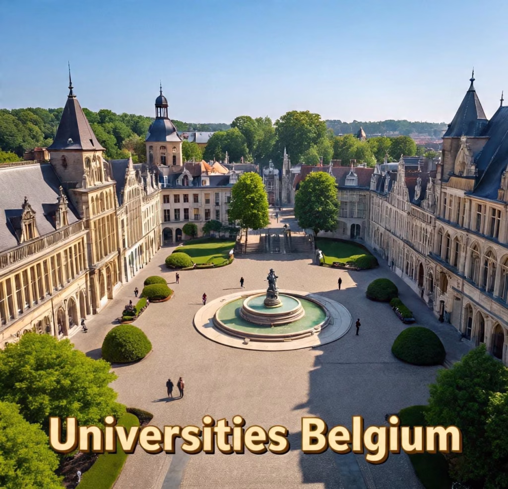 Modern Belgian university campus showing multilingual signage and diverse international students walking between buildings, representing the multicultural higher education environment in Belgium