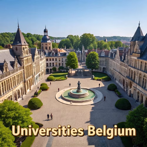 Modern Belgian university campus showing multilingual signage and diverse international students walking between buildings, representing the multicultural higher education environment in Belgium